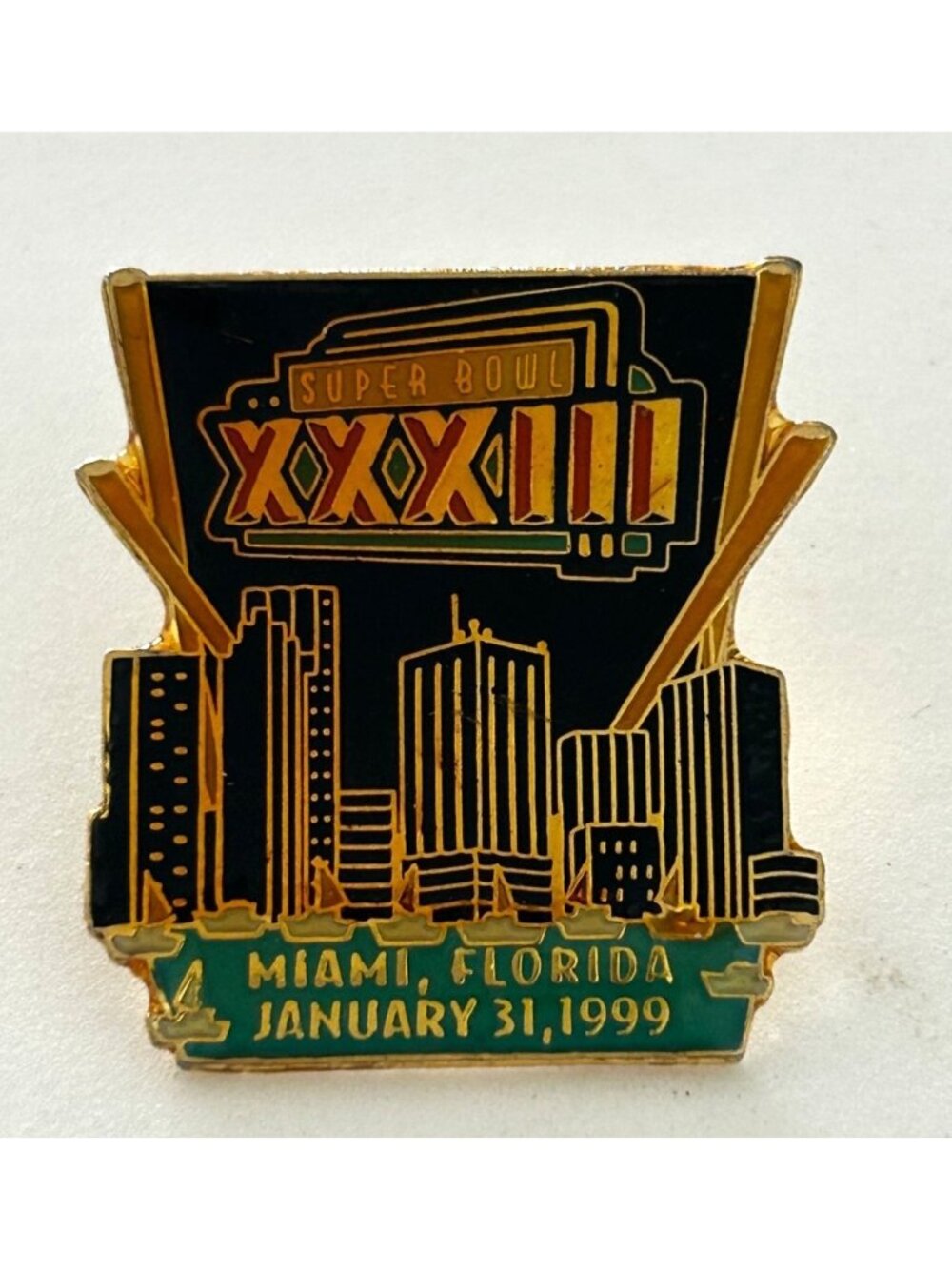 Vintage Super Bowl XXXIII Miami Florida 1999 Collectible Gold Enamel Lapel Pin